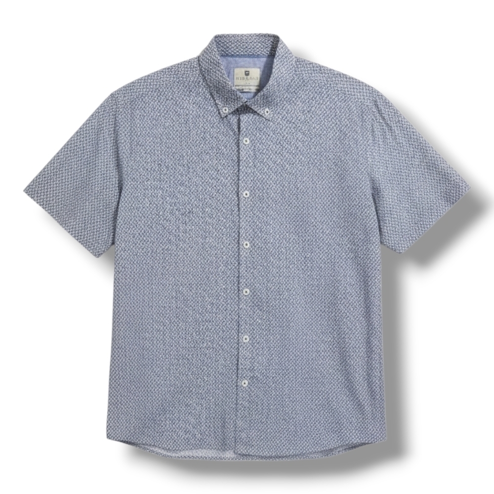 Steel & Jelly London men's blue white rolled short sleeves button-down shirt  LG